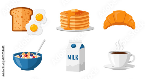 A delightful collection of popular breakfast foods and drinks, including eggs, toast, pancakes, and coffee, depicted as charming vector illustrations.