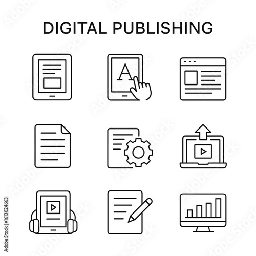 Modern digital publishing icon set. Outline symbols. Line design