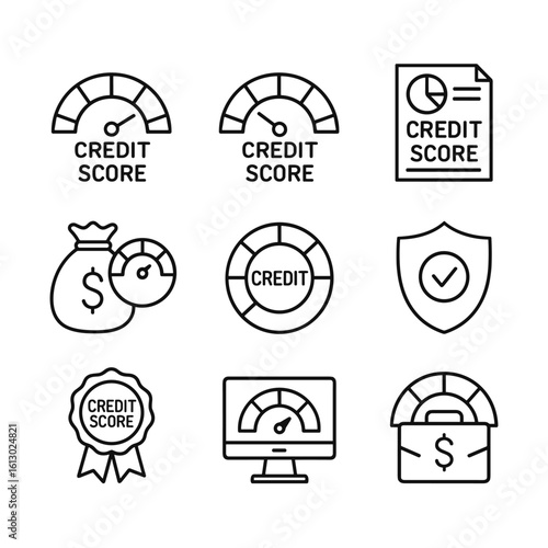 Banking credit evaluation icon set. Outline symbols. Line design