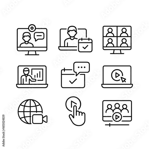 Virtual conference icon collection. Outline symbols. Line design