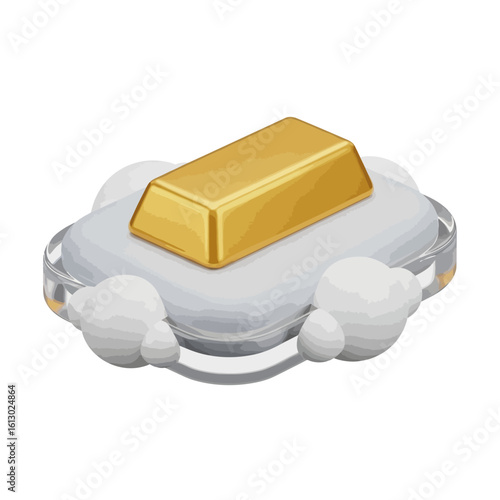 A golden bar of bullion resting on a bar of soap with bubbles.