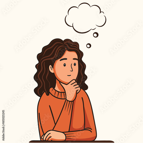 Pensive Young Woman with Curly Hair Lost in Thought with a Blank Thought Bubble Representing Her Contemplative State