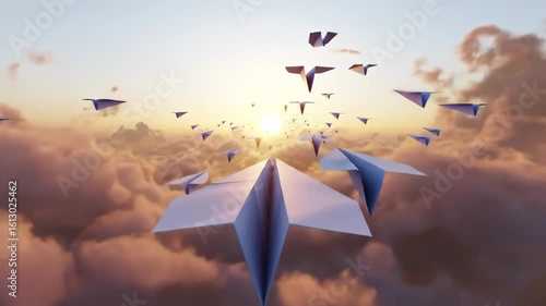 Fleet of paper airplanes soaring at sunset—cinematic forward flight, golden hour clouds, dynamic gliding animation