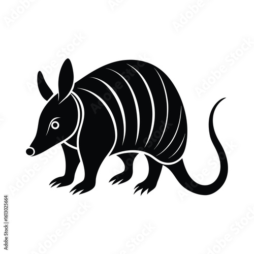 Detailed black silhouette of an armadillo with intricate shell patterns on a white background