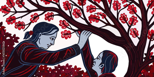Women Nurturing Growth Beneath Blossoming Tree in Vibrant Red and Blue for Cultural Blogs, Family Education Websites, Emotional Awareness, and Art Illustration Projects  