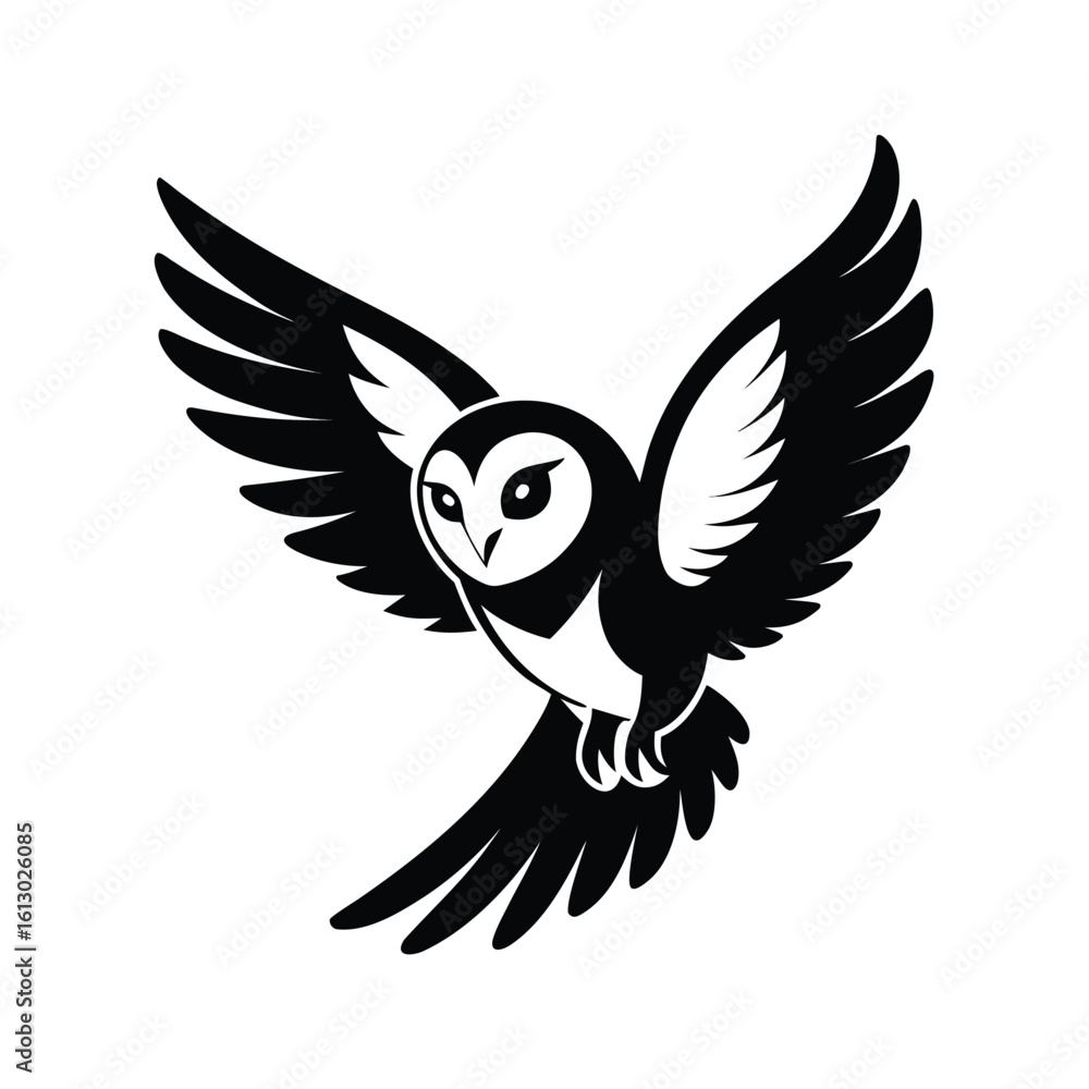 Obraz premium Striking black silhouette of a barn owl in mid flight against a clean white background