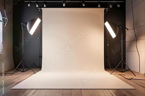 Professional photography studio setup featuring a white paper background roll, C-stands, and lighting equipment for a clean photoshoot