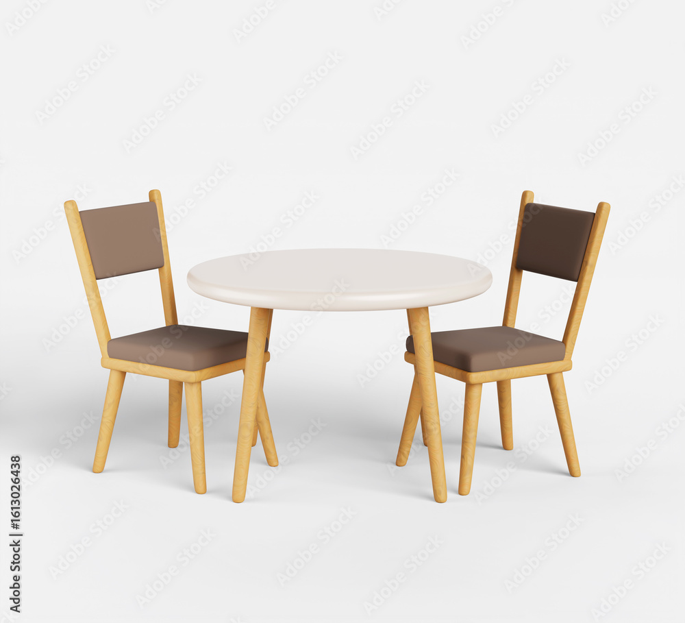 Kitchen round table with chairs 3d render set. Dining desk with white countertop and soft seats with wooden legs. Isolated restaurant, home, cafe furniture, modern wood interior decor. 3D illustration Kitchen round table with chairs 3d render set. Dining desk with white countertop and soft seats with wooden legs. Isolated restaurant, home, cafe furniture, modern wood interior decor. 3D illustration
