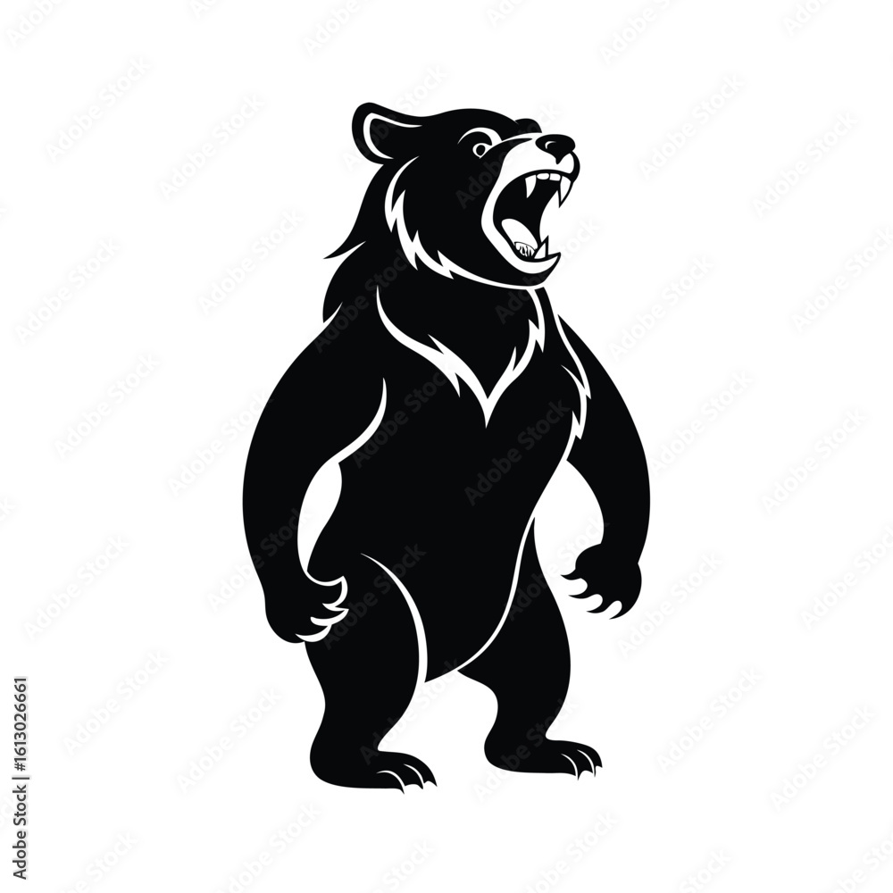 Fototapeta premium Powerful black silhouette of a bear standing on hind legs roaring fiercely