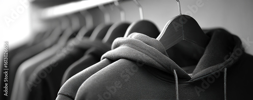 Dark hoodies displayed on hangers in a clothing store showcase modern streetwear fashion trends during a busy shopping day