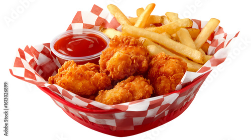 A basket filled with fried chicken nuggets and french fries with a side of ketchup on a checkered liner isolated on transparent background
