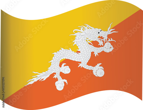 waving national flag of bhutan with white dragon symbol on diagonally divided yellow and orange background

