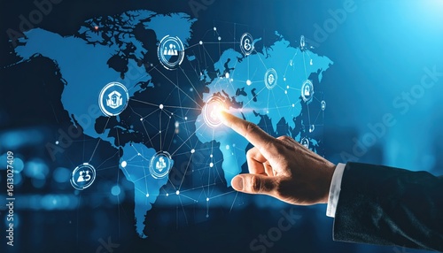 Global Network Activation Finger Touching World Map with Connected Icons.