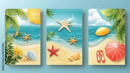 Fototapeta Naklejka Na Ścianę i Meble -  Tropical beach cards with sand, sea, and palm trees. Summer flyers with starfish, flip flops, and beach umbrellas