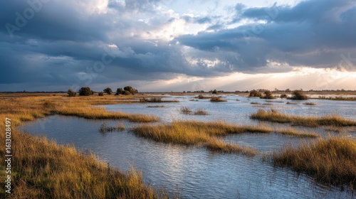 Scenic View Of Wetlands At Sunset With Dramatic Clouds. Nature'S Tranquility And Beauty