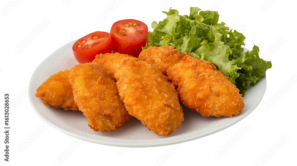 Plate of crispy chicken tenders with lettuce and tomato slices on a white ceramic plate isolated on transparent background Plate of crispy chicken tenders with lettuce and tomato slices on a white ceramic plate isolated on transparent background