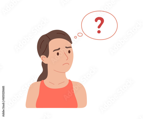 Woman think about question, experiences mental tension, symbolizing anxiety and overwhelming thoughts. Emotional stress and cognitive pressure. Vector flat illustration