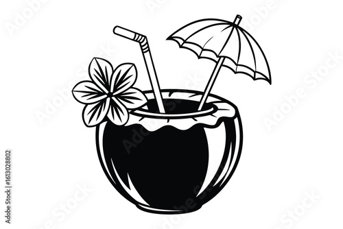Tropical coconut drink with flower and umbrella silhouette isolated on white background