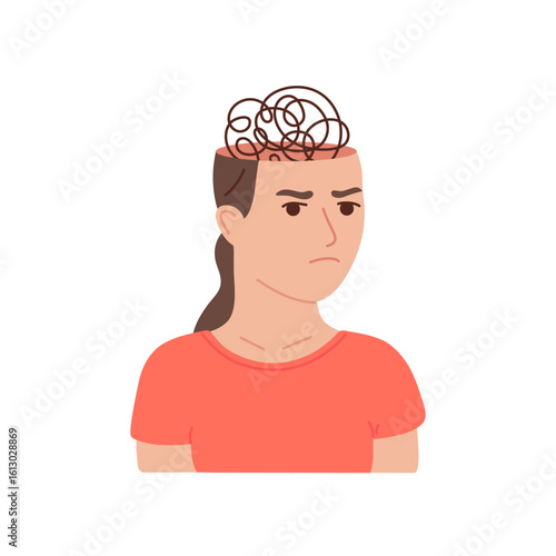 Woman experiences mental tension, symbolizing anxiety and overwhelming tangled thoughts. Emotional stress and cognitive pressure. Vector flat illustration