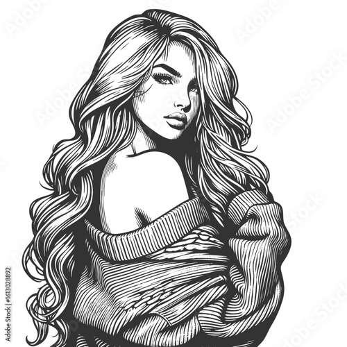 beautiful woman glancing over her shoulder, draped in an oversized sweater with bare back sketch engraving generative ai fictional character vector illustration. Scratch board. Black and white image.