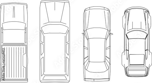 vector sketch illustration silhouette design image of a four-wheeled car seen from above