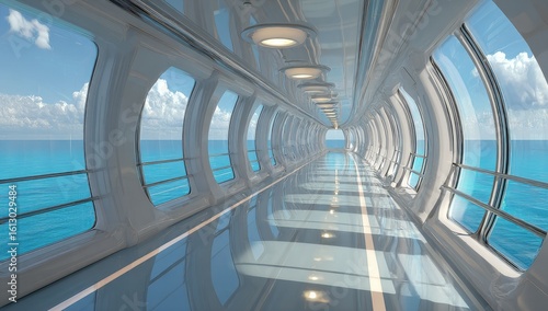 Futuristic corridor with ocean view, sleek design, bright lighting