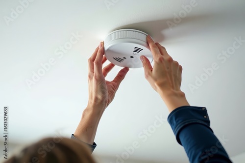 Elegant Installation: Modern Smoke Detector Positioned by Hand on Ceiling Wall