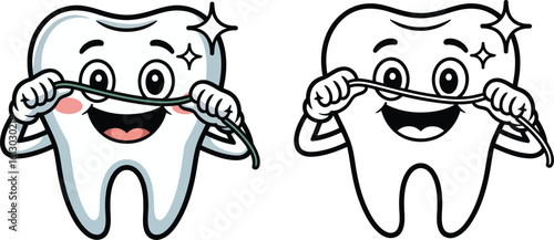 Dental health cartoon tooth flossing for kids oral hygiene dental care and teeth cleaning tips