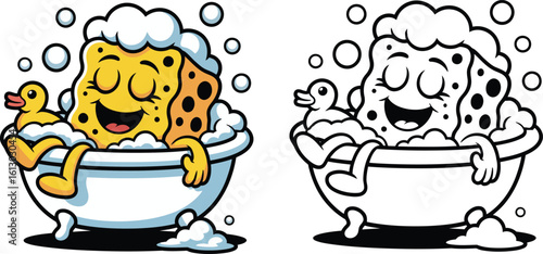 Cartoon sponge in bathtub with rubber ducky vector illustration for kids coloring page