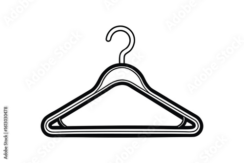 Simple black and white line drawing silhouette of a clothes hanger isolated on white background