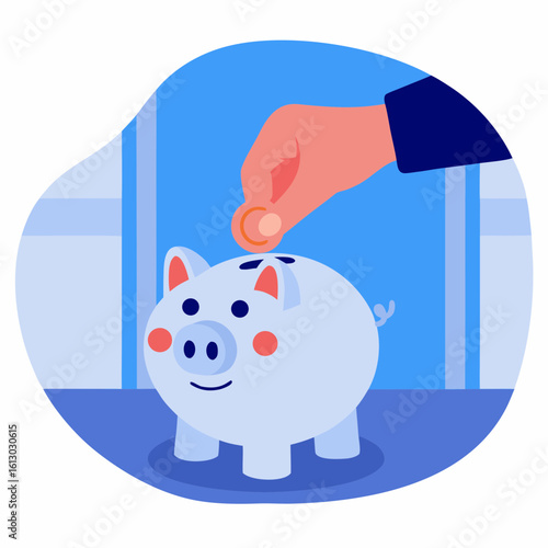 Hand putting coin into piggy bank in a modern interior setting  