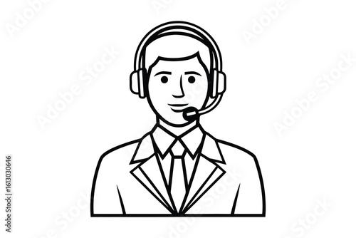Friendly male customer service representative wearing a headset and suit depicted as a simple outline silhouette isolated on white background