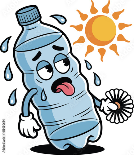 Cartoon water bottle feeling hot and thirsty in summer heatwave illustration graphic design