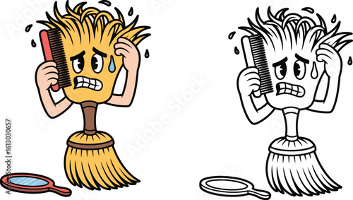 Cartoon broom character with bad hair day and stress illustration for cleaning services