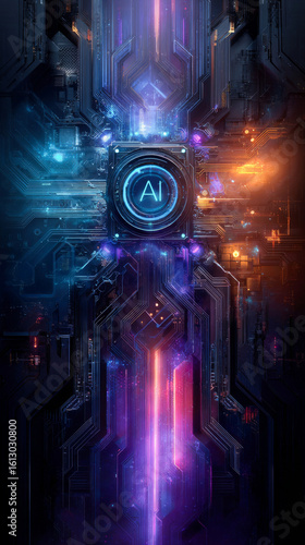 A futuristic abstract technology background with neon lights and glowing circuit lines