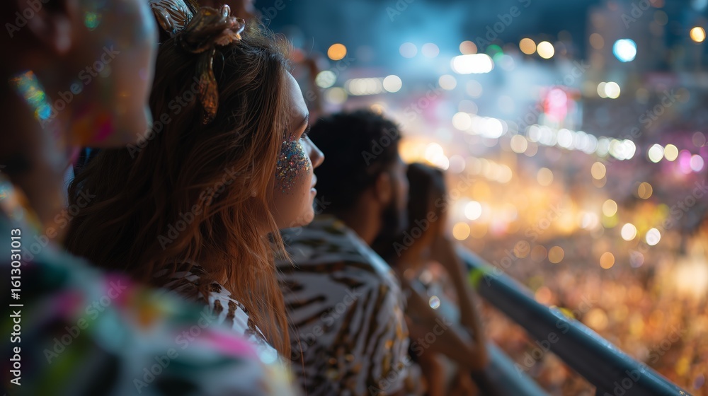 Obraz premium Friends enjoying a vibrant festival night with colorful lights and energetic crowd in the background during a summer celebration