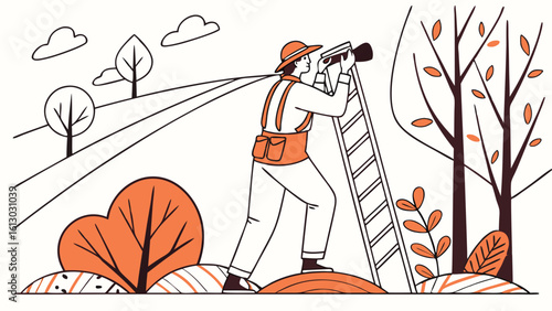 Outdoor Observer with Camera on Ladder in Nature - Flat Line Art Illustration of Photographer or Birdwatcher in a Scenic Landscape
