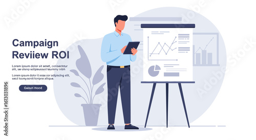Businessman Analyzing Campaign ROI Data on Tablet Presentation Concept.