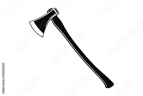 A detailed black silhouette of a classic woodcutting axe with a sharp metal blade and a long wooden handle isolated on white background silhouette
