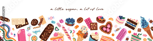 Design of banner with border from different confectionery. Template with frame from candies, lollipops, sweets in wrappers, chocolate desserts, cookies, cakes. Flat hand drawn vector illustration