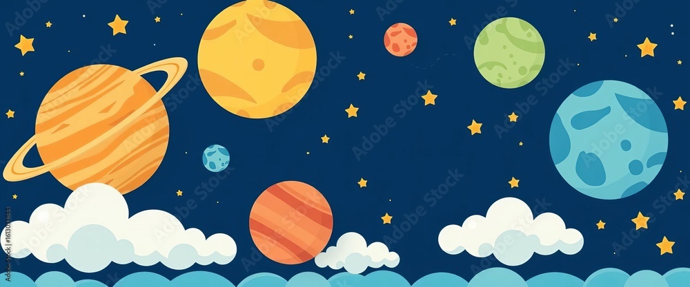 Fototapeta premium Whimsical flat-style planets & moons, vibrant colors, cheerful clouds & stars on blue , galaxy, solar system