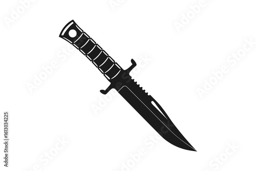 A black silhouette of a combat knife with a serrated blade and textured handle isolated on white background silhouette
