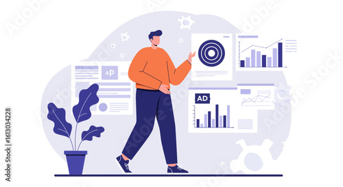 Modern Marketing Concept: Man Analyzing Data Charts and Graphs.