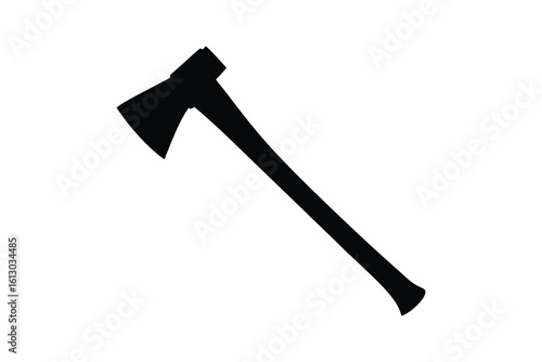 A classic black silhouette of a sharp axe with a long wooden handle isolated on white background