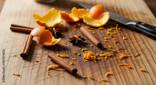 Festive aroma: Cinnamon, orange peel, and spices on a wooden chopping board