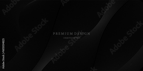 Black abstract background design. Modern wavy line pattern in monochrome colors. Premium stripe texture for banner, business backdrop. Dark horizontal vector template