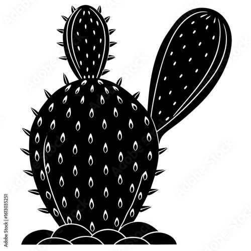 Opuntia cactus plant on rocks black silhouette vector illustration