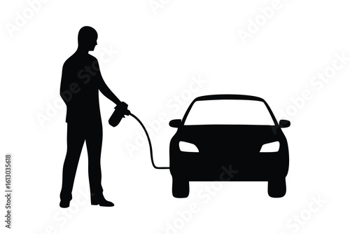 Man refueling a car with a gas pump silhouette isolated on white background