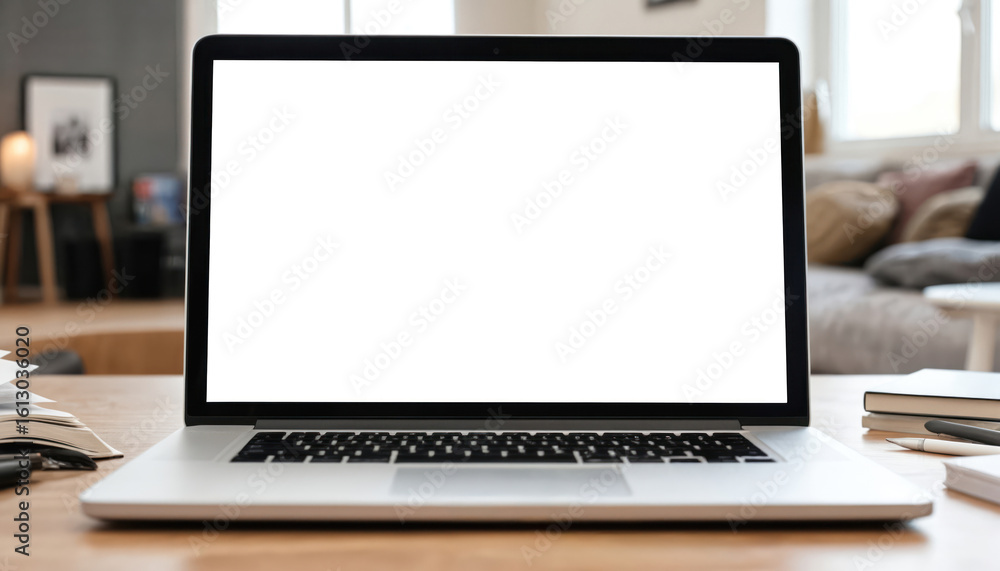 Fototapeta premium Laptop on wooden desk with notepad, pen, and book. Blank screen laptop on desk near gray wall and window. Study workspace with paper, stationery, and literature.