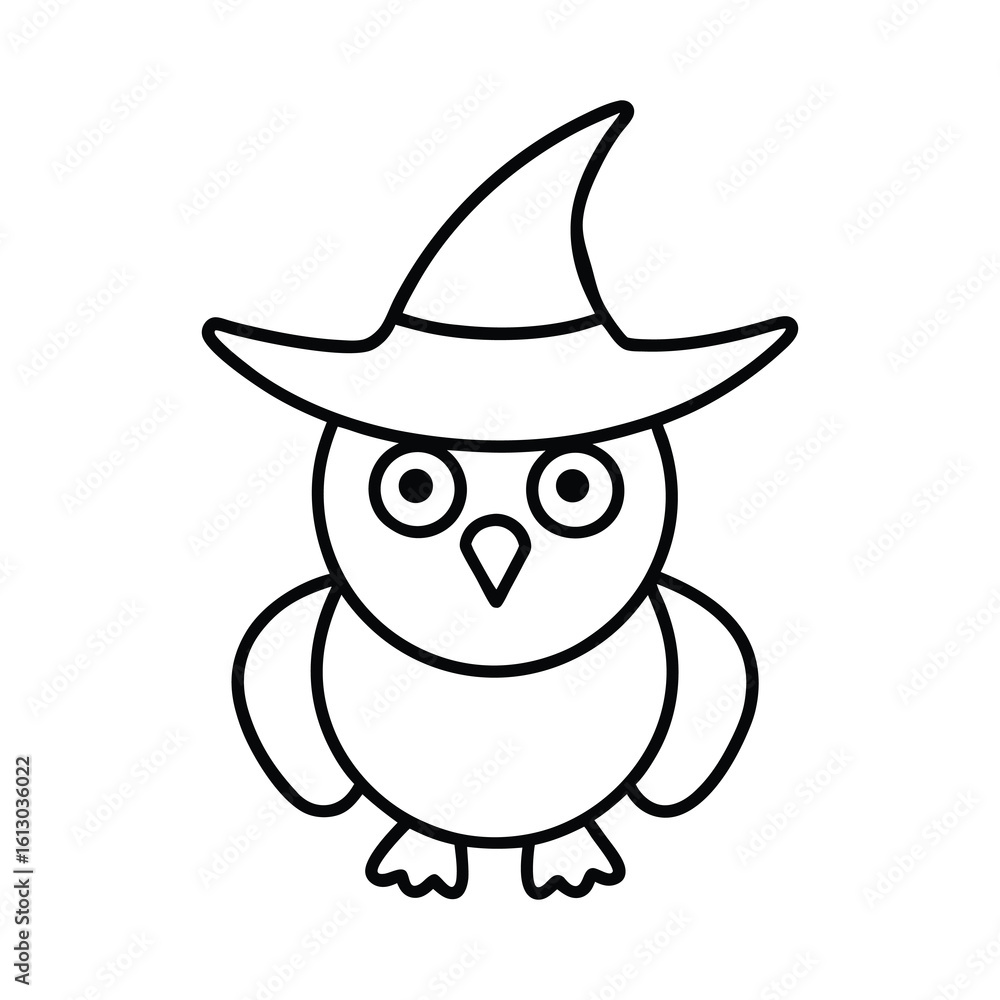 Fototapeta premium outline illustration cute owl with witch hat cartoon